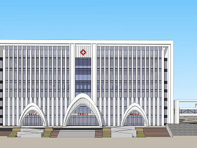 Modern Hospital Building Exterior Featuring Red Cross White Facade Glass Windows And Arch Entrances 3d model