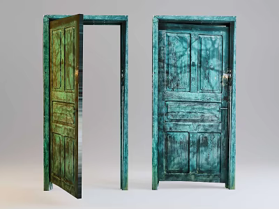 Teal Green Vintage Wooden Swing Doors With Distressed Panel And Classic Design 3d model