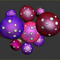 Colorful Mushrooms with Purple Pink Hues White Spots Various Sizes and Reflections on Dark Background