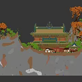 Cartoon Scene of Chinese Ancient Palace with Orange Trees Small Buildings and Figures
