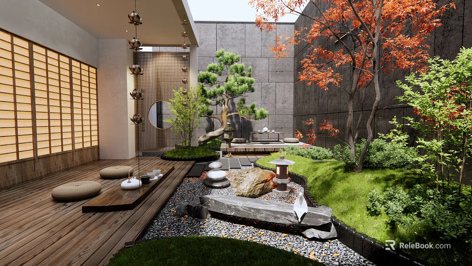 Japanese Courtyard Garden With Wooden Deck Gravel Path Stone Lantern Red Maple And Pine Trees 3d model 