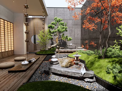 Japanese Courtyard Garden With Wooden Deck Gravel Path Stone Lantern Red Maple And Pine Trees 3d model