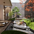 Japanese Courtyard Garden With Wooden Deck Gravel Path Stone Lantern Red Maple And Pine Trees