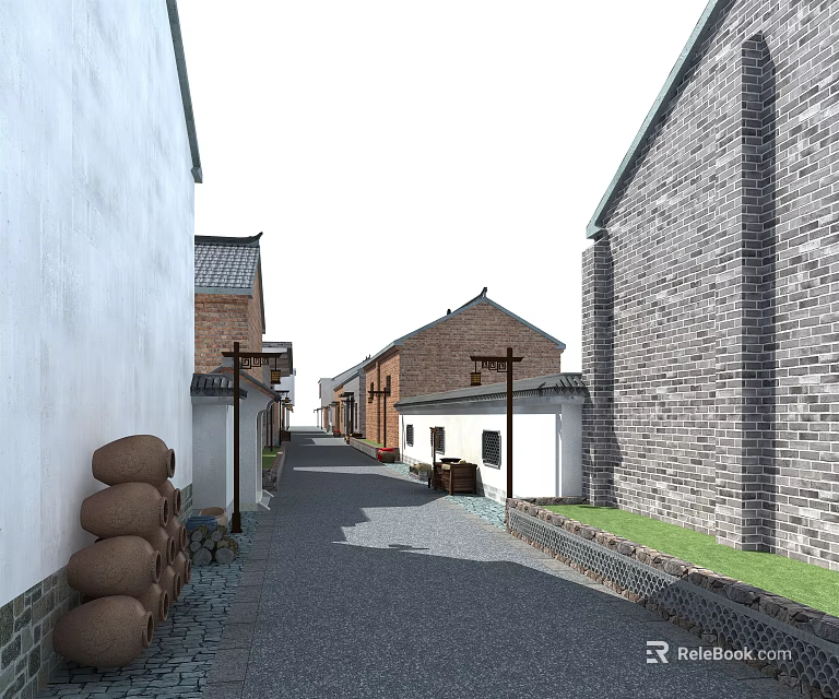 Ancient Commercial Street With Traditional Brick Buildings Tile Roofs Stone Pavement And Earthen Jars 3d model 