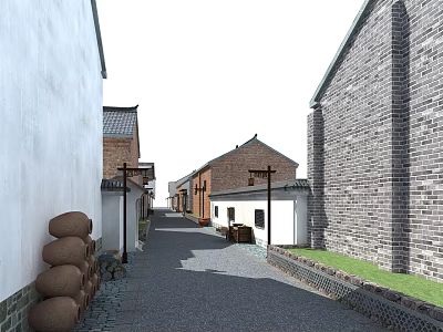 Ancient Commercial Street With Traditional Brick Buildings Tile Roofs Stone Pavement And Earthen Jars 3d model