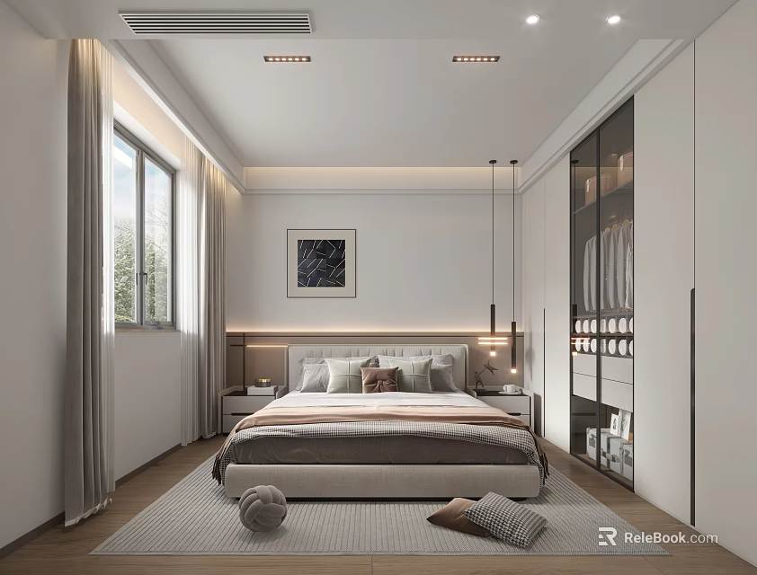 Modern Minimalist Bedroom Interior With Comfortable Bed Nightstands Large Windows Curtains Decorative Painting And Wardrobe 3d model 