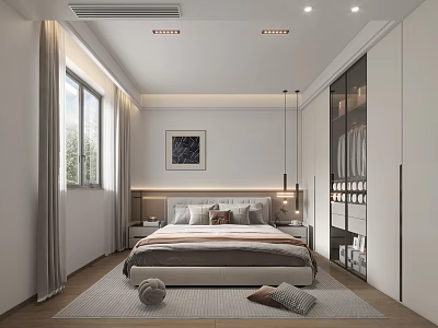 Modern Minimalist Bedroom Interior With Comfortable Bed Nightstands Large Windows Curtains Decorative Painting And Wardrobe 3d model