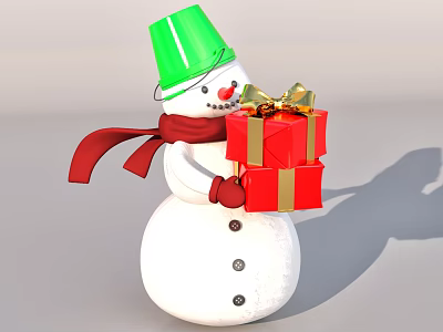 Snowman Sculpture with Green Bucket Hat Red Scarf Holding Red Gift Boxes and Golden Bow 3d model