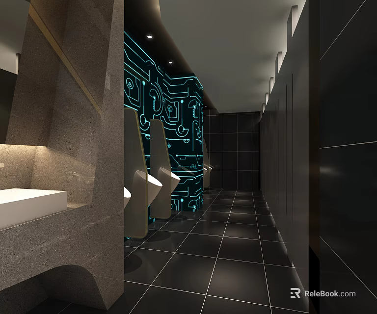 Modern Public Restroom Interior With Circuit Board Pattern Lighting Black Tiled Floor And Urinals 3d model 