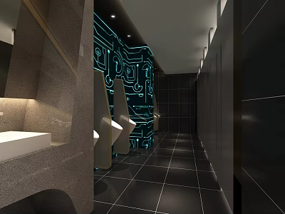 Modern Public Restroom Interior With Circuit Board Pattern Lighting Black Tiled Floor And Urinals 3d model
