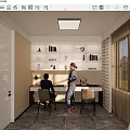 Study Room Interior Design Featuring Desk Chairs White Bookshelves Books Decorations Window Curtains and Lighting