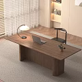 Modern Wooden Desk with Laptop Lamp and Potted Plant in Room with Window and Chair