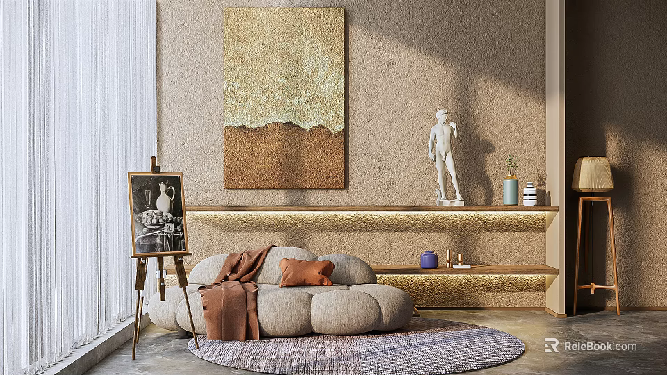 Light Beige Multi Seater Sofa With Round Cushions And Wall Art In Cozy Living Space 3d model 