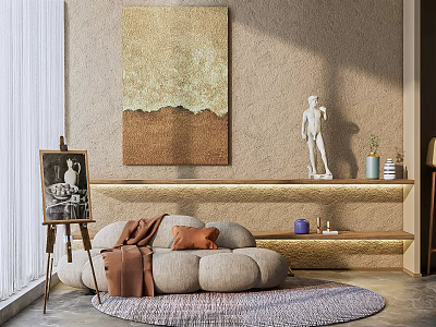 Light Beige Multi Seater Sofa With Round Cushions And Wall Art In Cozy Living Space 3d model