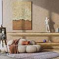 Light Beige Multi Seater Sofa With Round Cushions And Wall Art In Cozy Living Space