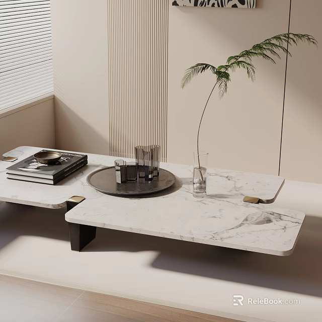Modern Sofa Coffee Table Set With Marble Top And Decorative Plants Magazines Glasses 3d model 