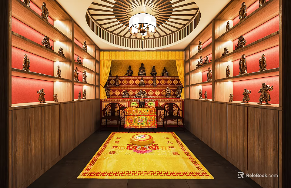 Traditional Religious Worship Space With Red Walls Statues Altar And Circular Ceiling 3d model 