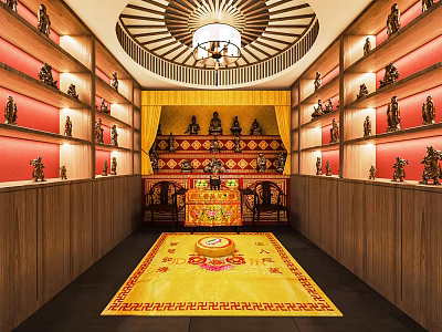 Traditional Religious Worship Space With Red Walls Statues Altar And Circular Ceiling 3d model