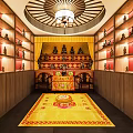 Traditional Religious Worship Space With Red Walls Statues Altar And Circular Ceiling