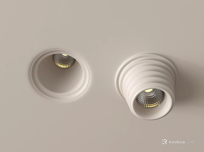 Modern White Recessed Downlights And Spotlights Installed On Ceiling With Illuminated Design 3d model 