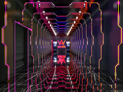Futuristic Elevator Hallway With Neon Lights Mirror Effects Geometric Lines And Brand Logos 3d model