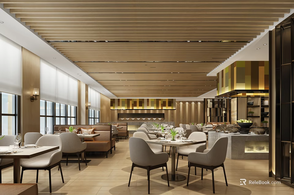 Elegant Modern Restaurant Interior Design With Wooden Slatted Ceiling Large Windows And Tables Chairs 3d model 
