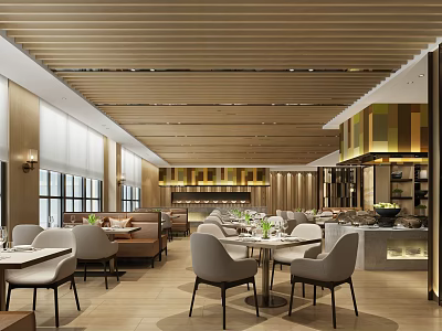 Elegant Modern Restaurant Interior Design With Wooden Slatted Ceiling Large Windows And Tables Chairs 3d model