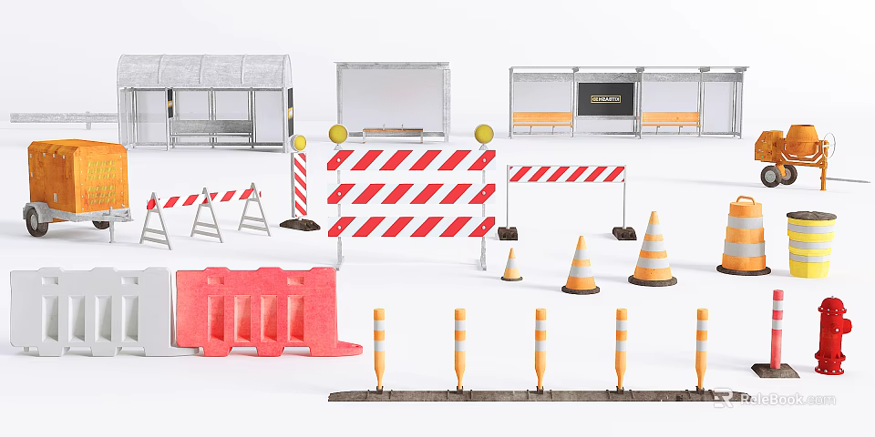 Reflective Road Facilities With Traffic Barriers Orange Cones And Safety Rails For Construction Zones 3d model 