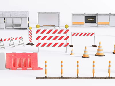 Reflective Road Facilities With Traffic Barriers Orange Cones And Safety Rails For Construction Zones 3d model