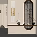 Chinese Style Interior Decor With Octagonal Screen Scroll Painting Wooden Shelf And Table Lamp