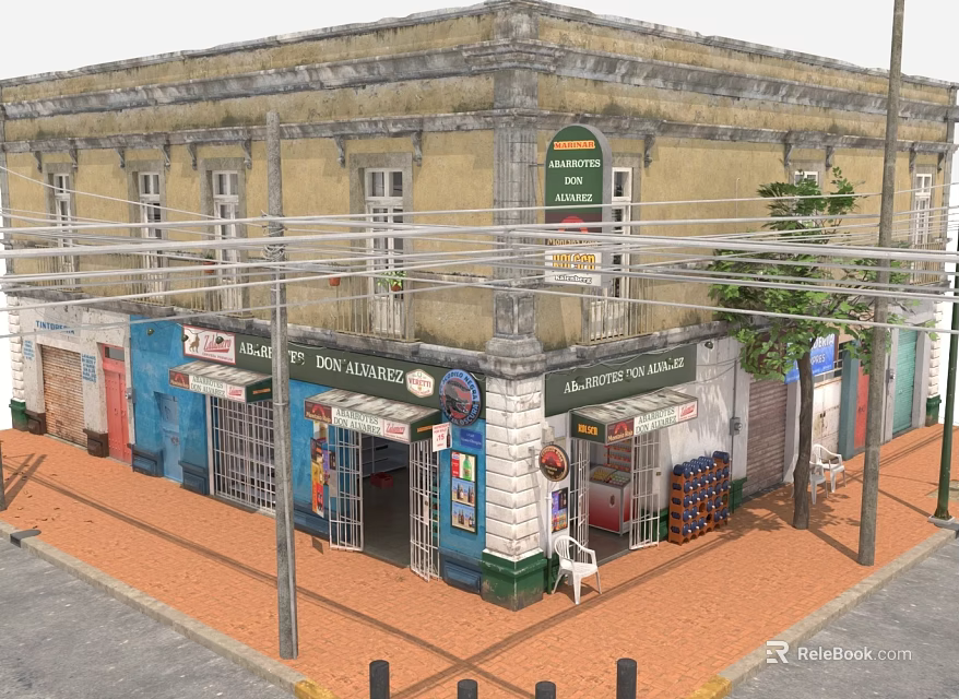 Vintage Yellow Building Featuring Multiple Shops And Colorful Storefronts On Red Brick Street 3d model 