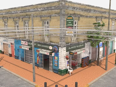 Vintage Yellow Building Featuring Multiple Shops And Colorful Storefronts On Red Brick Street 3d model
