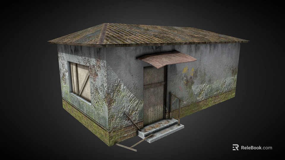 Dilapidated Small Hut With Rusted Roof Peeling Mossy Walls And Wooden Door Steps 3d model 