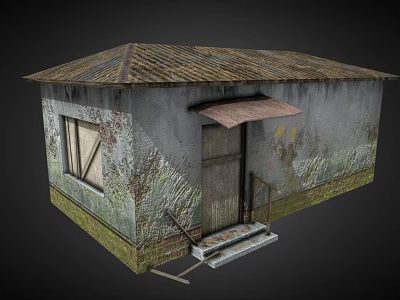 Dilapidated Small Hut With Rusted Roof Peeling Mossy Walls And Wooden Door Steps 3d model