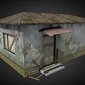 Dilapidated Small Hut With Rusted Roof Peeling Mossy Walls And Wooden Door Steps