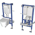 Wall Hung White Ceramic Toilet With Blue Metal Frame And Connected Pipes