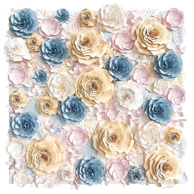 Decorative Floral Feature Wall With Blue Pink Beige White And 3D Flowers 3d model 