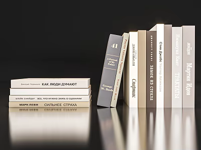 Modern Books And Magazines Stacked With Standing Spines Showing Text On Reflective Surface 3d model
