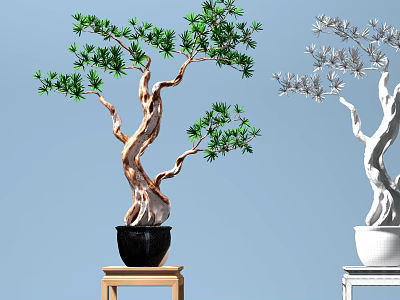 Decorative Bonsai Ornament Set with Green Silver Leaves Brown White Trunks and Pots on Stands 3d model