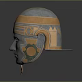 Ancient Warrior Helmet With Blue And Gold Intricate Carvings And Metal Construction