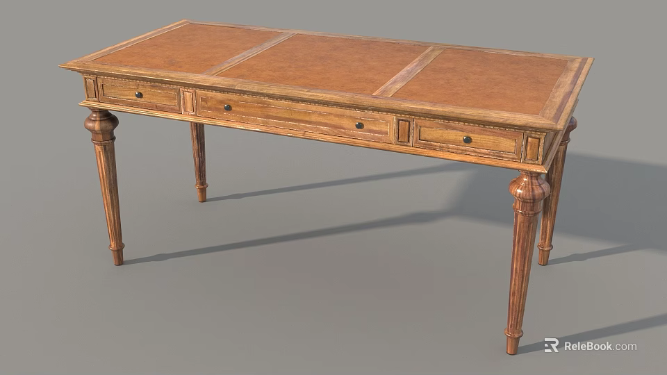 Wooden Office Desk With Carved Legs And Drawers On Gray Background 3d model 