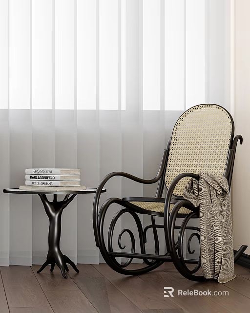 Lounge Chair with Rattan Seat Metal Frame Side Table Books and Blanket by Window Blinds 3d model 