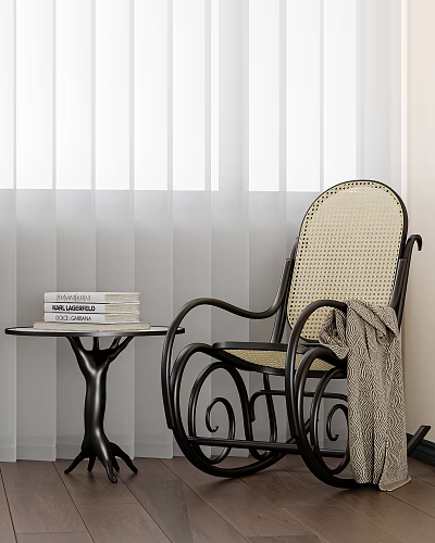 Lounge Chair with Rattan Seat Metal Frame Side Table Books and Blanket by Window Blinds 3d model