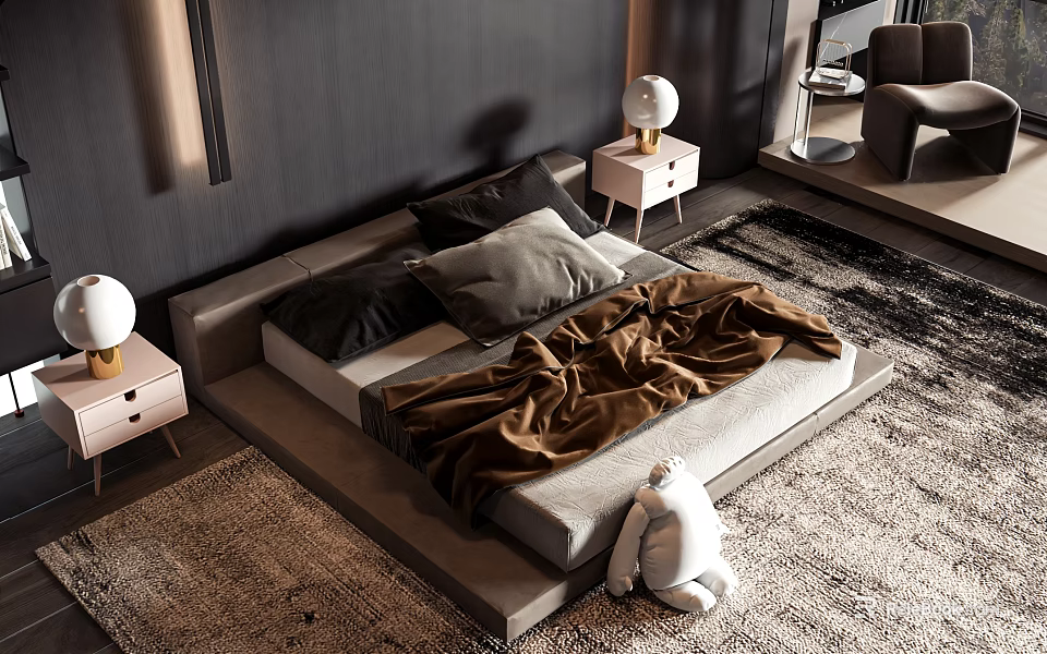 Modern Double Bed with Nightstands Table Lamps Brown Blanket and White Stuffed Toy on Rug 3d model 