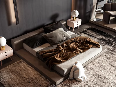 Modern Double Bed with Nightstands Table Lamps Brown Blanket and White Stuffed Toy on Rug 3d model