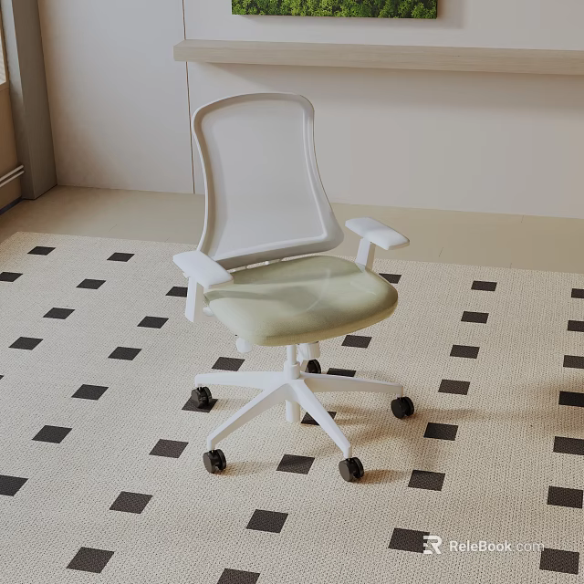 White Mesh Back Leisure Chair With Beige Cushion Armrests And Wheels On Patterned Carpet 3d model 