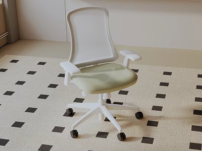 White Mesh Back Leisure Chair With Beige Cushion Armrests And Wheels On Patterned Carpet 3d model