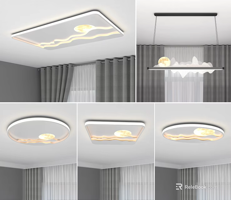 Modern Interior Lighting Combinations With Cloud Wave Ceiling And Pendant Lights Design 3d model