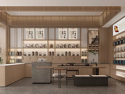 Traditional Teahouse Interior Design With Wooden Shelves Tea Sets And Cozy Seating Area 3d model