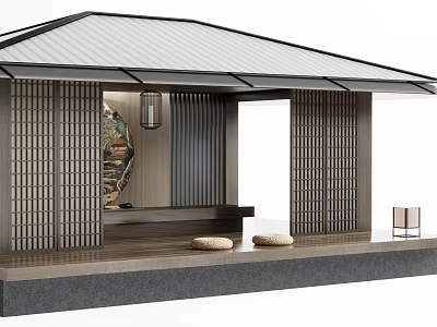 Japanese Garden Pergola Featuring Wooden Lattice Panels Roof Platform Circular Decorative Screen And Cushions 3d model